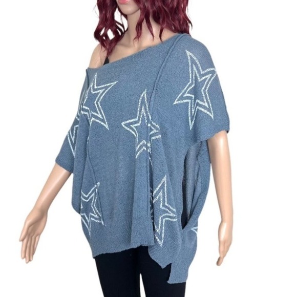 POL Star Knit Sweater Womens Medium Blue White Lightweight Short Sleeve - Picture 1 of 9